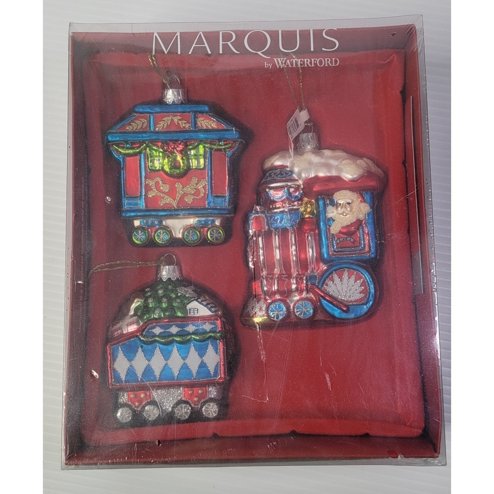 Marquis by Waterford Glass Christmas Train Santa Ornaments Set of 3 NEW & SEALED